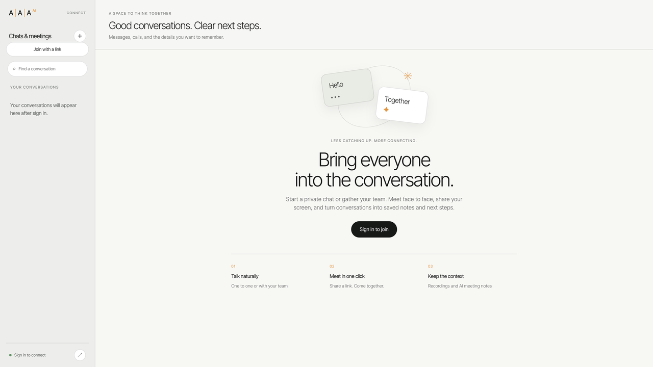 Zanqira Meet — chats and voice or video meetings with live AI notes